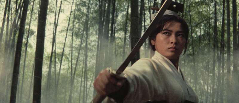 Die Heldin von A TOUCH OF ZEN zieht ihr Samurai-Schwert in einem Bambuswald.