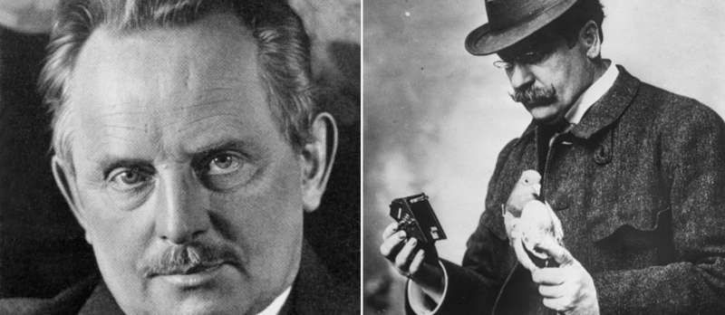 Doppelporträt von Oskar Barnack (links) und Julius Neubronner (rechts), der eine Taube und eine Kamera hält