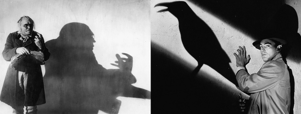 Schatten in Cabinet Dr. Caligari und This Gun for Hire im Vergleich - beide Male zeigt sich an der Wand hinter der "bösen" Hauptfigur ein großer Schatten