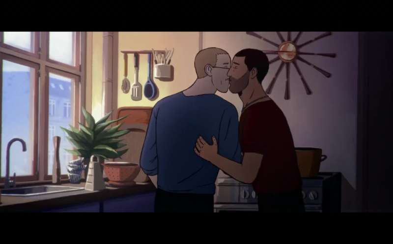 Amir kisses his boyfriend Kasper in his kitchen as they prepare dinner