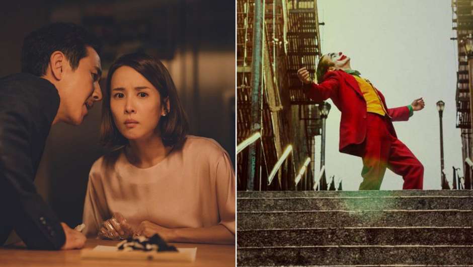 Links: Ein Mann flüstert einer Frau etwas ins Ohr/ Rechts: ein Mann in Clowns-Aufzug tanzt auf einer Treppe