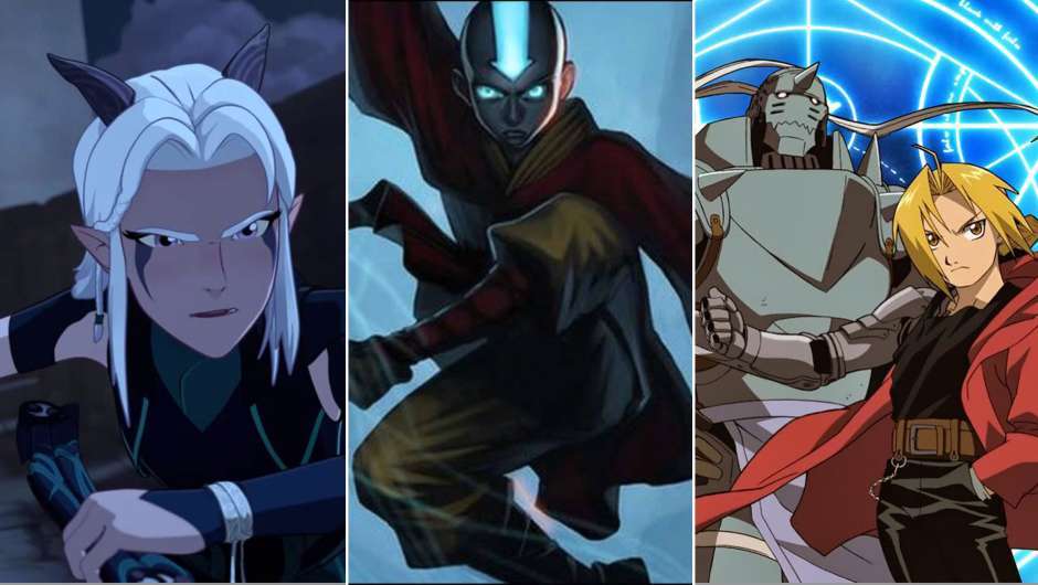 Animecharaktere aus verschiedenen Serien in einer Bildcollage, Farbton eher dunkel