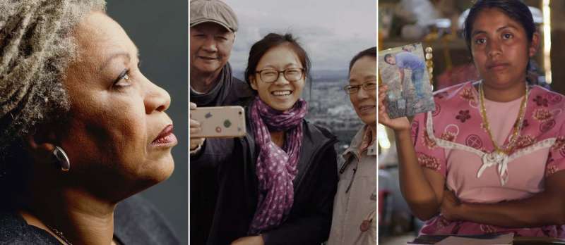 Toni Morrison, eine junge chinesische Frau mit ihren Eltern, eine Mexikanerin, die ein Bild eines jungen Mannes hochhält 